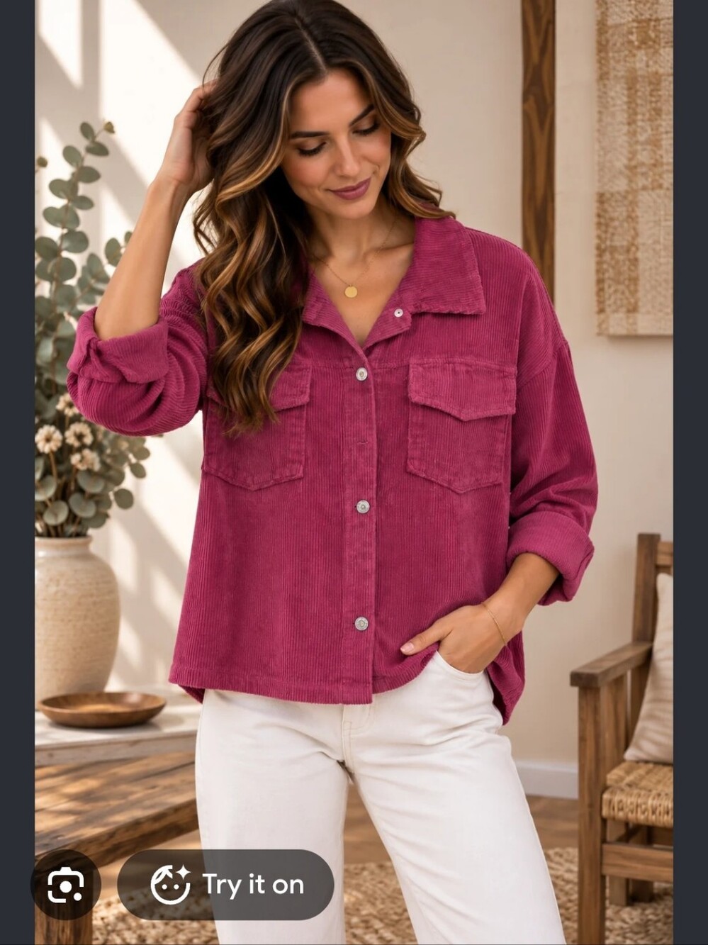 Thread & Supply Corduroy Button-Down Shirt in Berry Pink